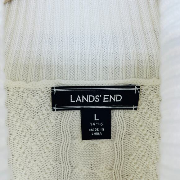 LANDS END Sweater Womens L 14-16 Turtleneck Cable Knit Pullover Cotton Off White - Picture 5 of 16